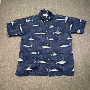 Hook And Tackle Mens Large Shirt Blue Tropical Relaxed Vacation Beach